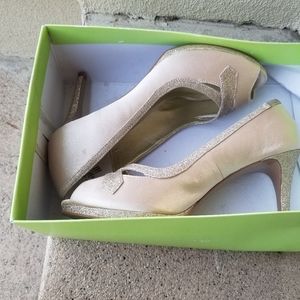 Beige satin and gold glitter accent open toe heels